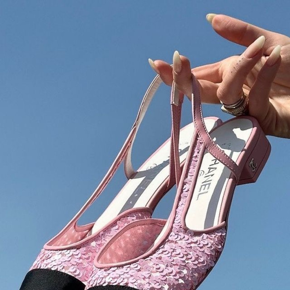 CHANEL Slingbacks Pink/Black Sequin Sofia Richie 23C With Box - Picture 14 of 15